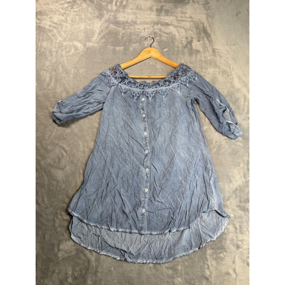 Tassels N Lace Tunic Top Womens Small Blue Ornate Trim Button Front High Low Hem